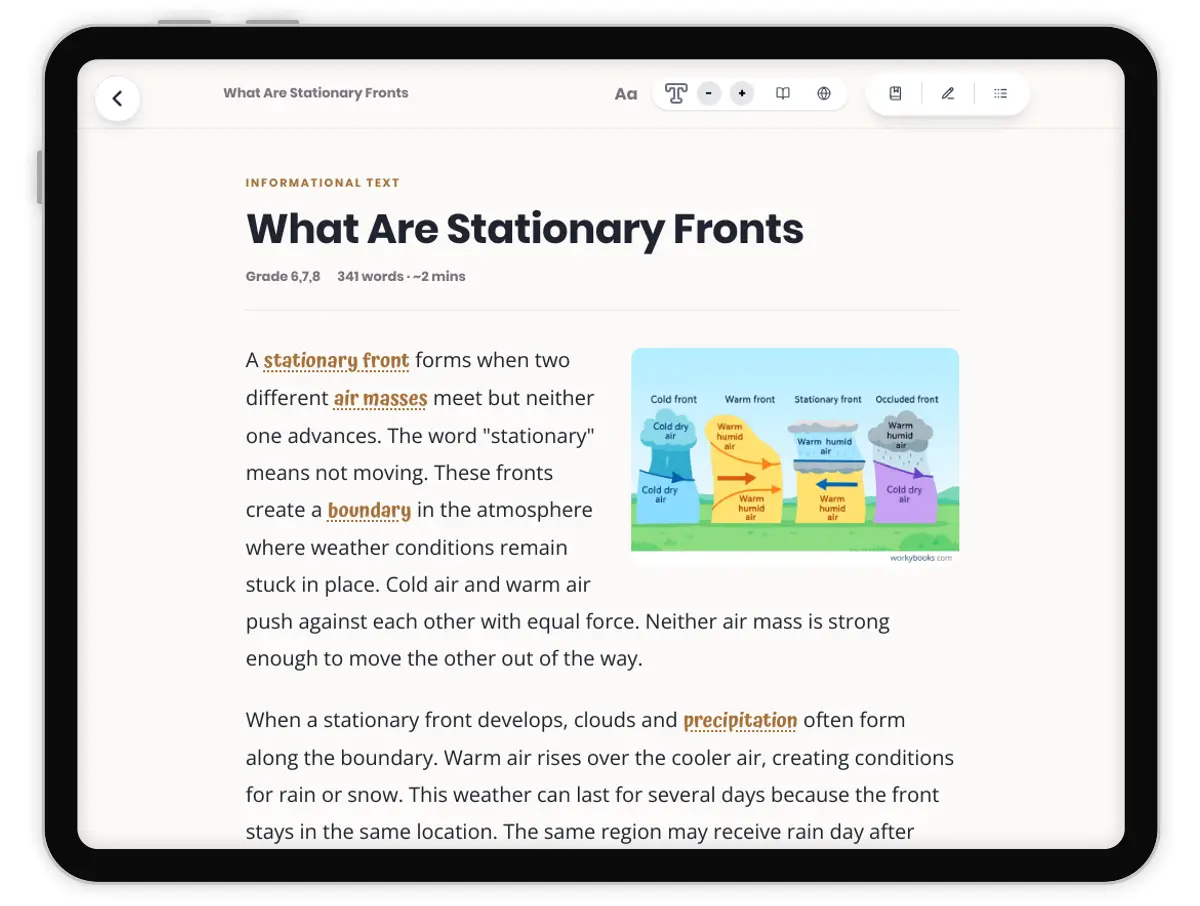 Stationary Fronts — science — reading comprehension for Grade 5, Grade 6, Grade 7, Grade 8, page 1 of 1