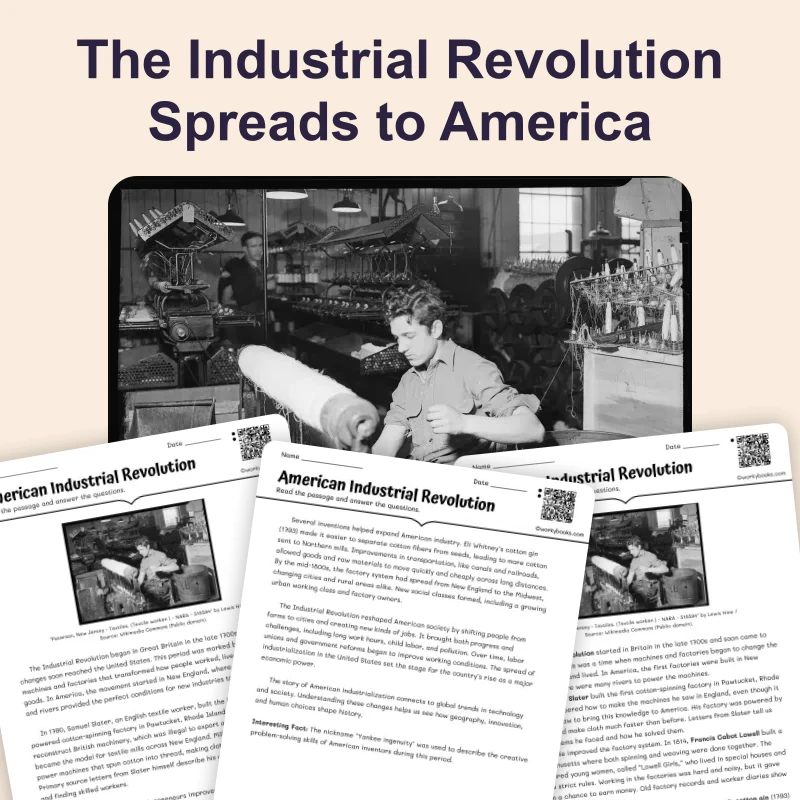 American Industrial Revolution — reading — reading comprehension for Grade 5, Grade 6, Grade 7, Grade 8, page 1 of 4