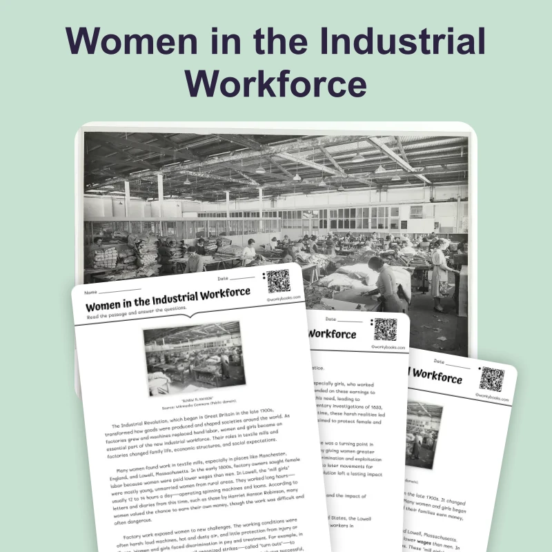 Women in the Industrial Workforce — reading — reading comprehension for Grade 5, Grade 6, Grade 7, Grade 8, page 1 of 4