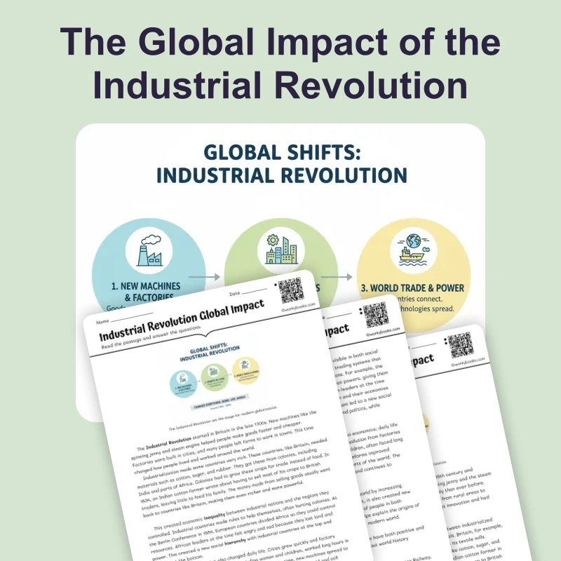 Industrial Revolution Global Impact — reading — reading comprehension for Grade 5, Grade 6, Grade 7, Grade 8, page 1 of 4