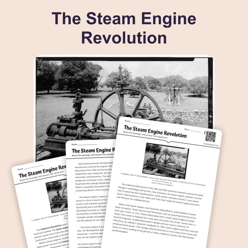 The Steam Engine Revolution — reading — reading comprehension for Grade 5, Grade 6, Grade 7, Grade 8, page 1 of 4