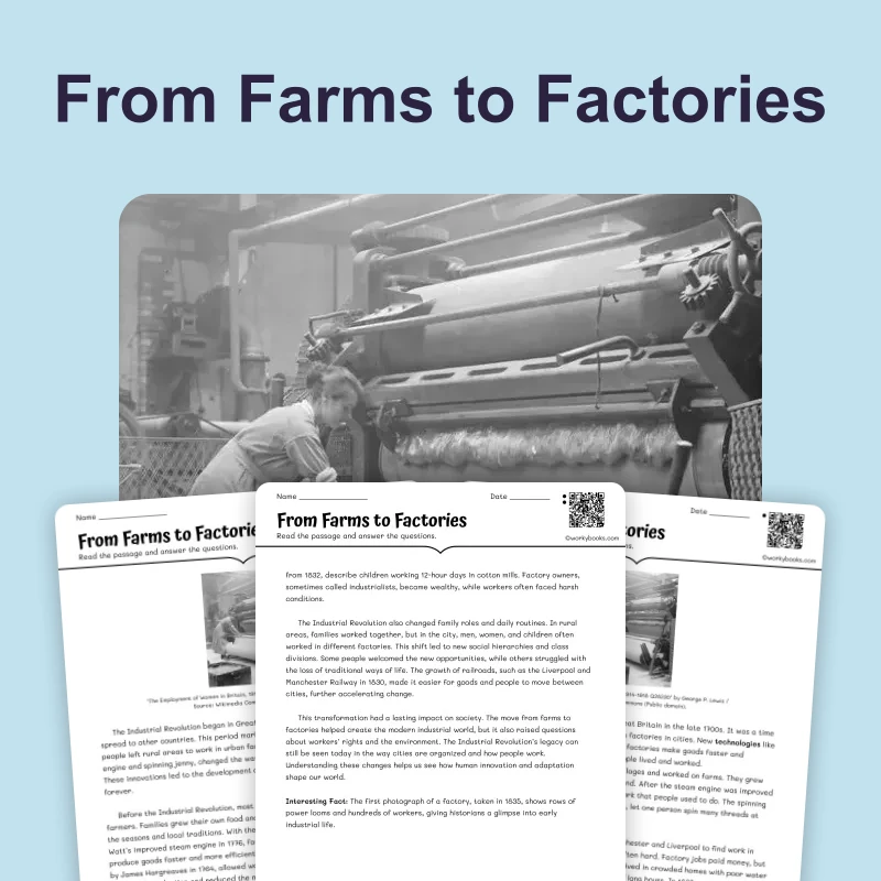 From Farms to Factories — reading — reading comprehension for Grade 5, Grade 6, Grade 7, Grade 8, page 1 of 4