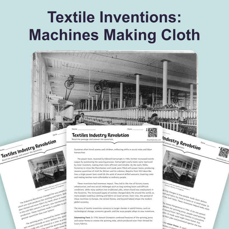 Textiles Industry Revolution — reading — reading comprehension for Grade 5, Grade 6, Grade 7, Grade 8, page 1 of 4