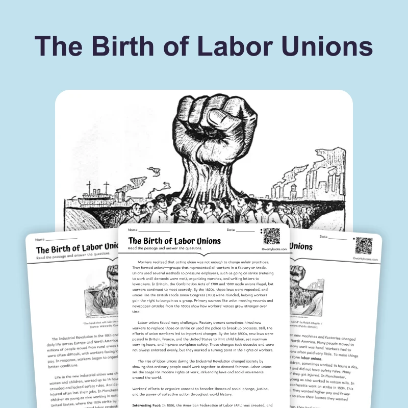 The Birth of Labor Unions — reading — reading comprehension for Grade 5, Grade 6, Grade 7, Grade 8, page 1 of 4