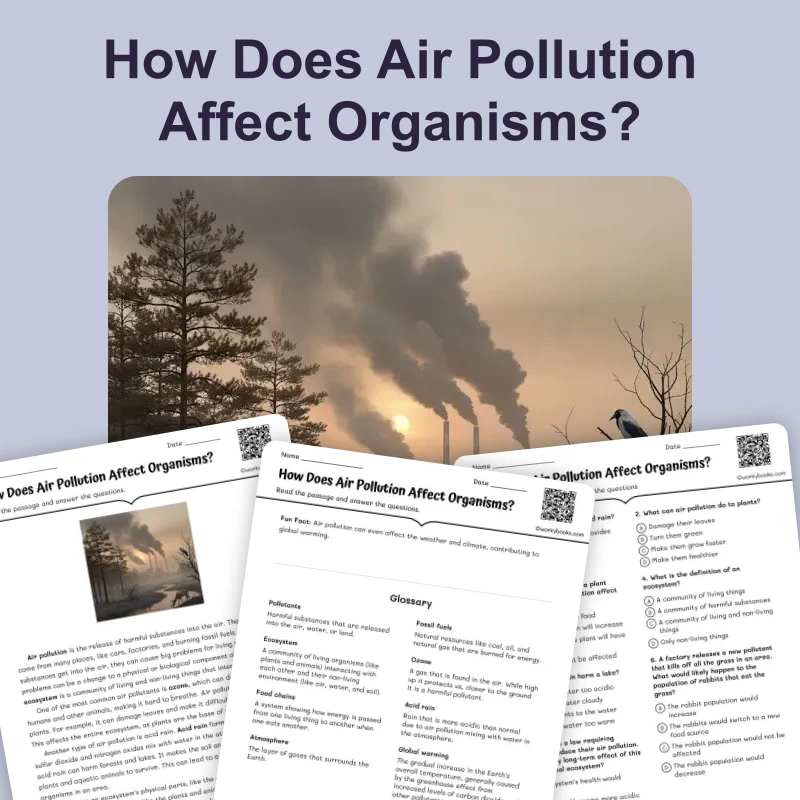 How Does Air Pollution Affect Organisms? A Reading Passage on Ecosystems — ela — reading comprehension for Grade 5, Grade 6, Grade 7, Grade 8, page 1 of 4