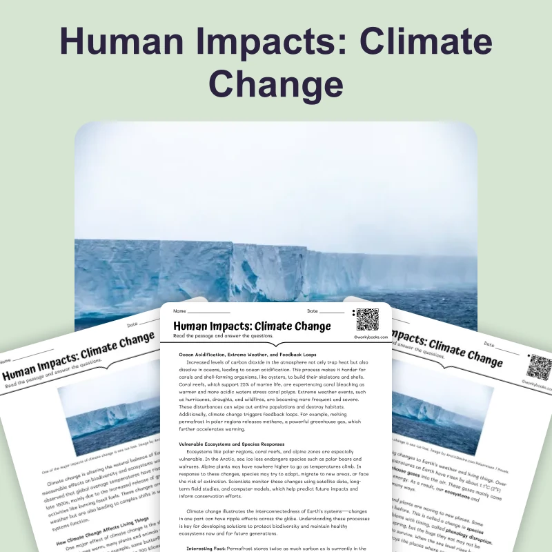 Human Impacts: Climate Change — science — reading comprehension for Grade 5, Grade 6, Grade 7, Grade 8, page 1 of 4