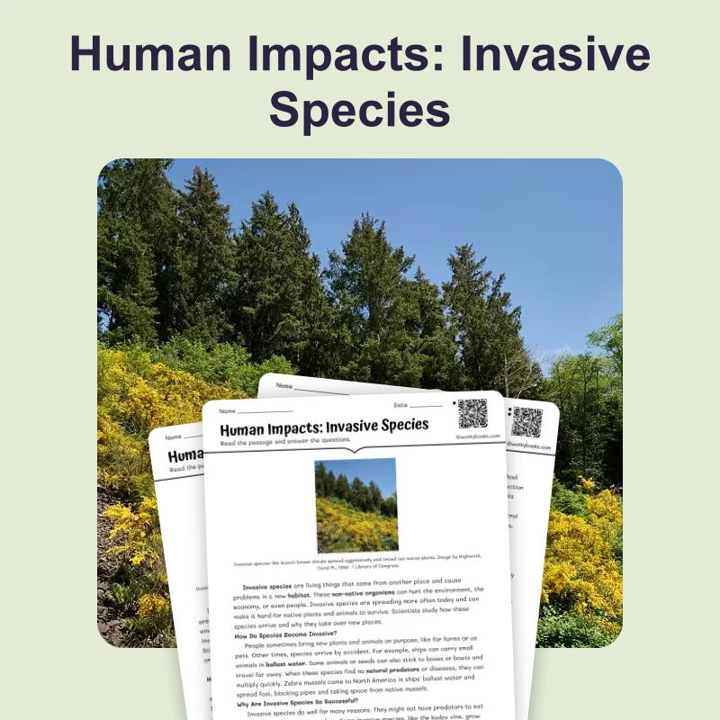 Human Impacts: Invasive Species — science — reading comprehension for Grade 5, Grade 6, Grade 7, Grade 8, page 1 of 4