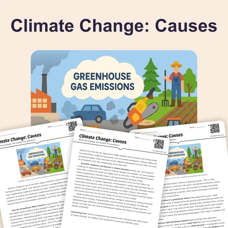Climate Change: Causes — science — reading comprehension for Grade 5, Grade 6, Grade 7, Grade 8, page 1 of 4