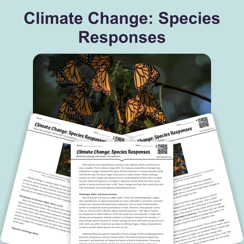 Climate Change: Species Responses — science — reading comprehension for Grade 5, Grade 6, Grade 7, Grade 8, page 1 of 4