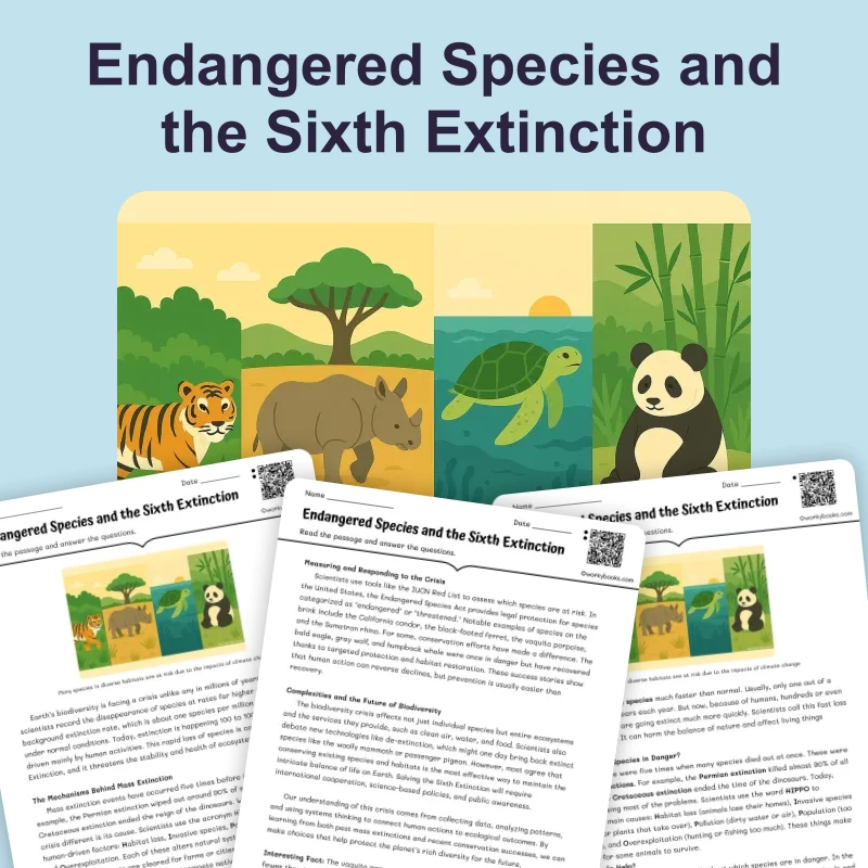 Endangered Species and the Sixth Extinction — science — reading comprehension for Grade 5, Grade 6, Grade 7, Grade 8, page 1 of 4