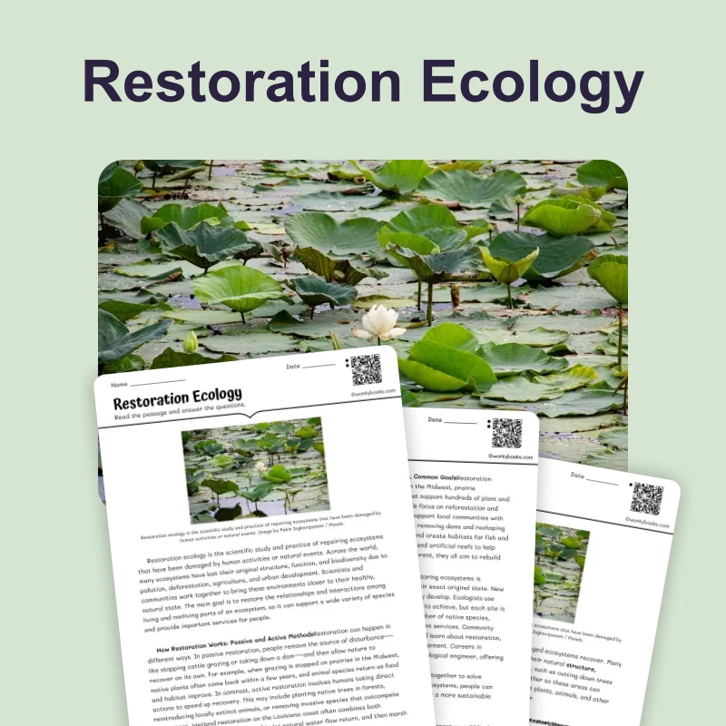 Restoration Ecology — science — reading comprehension for Grade 5, Grade 6, Grade 7, Grade 8, page 1 of 4