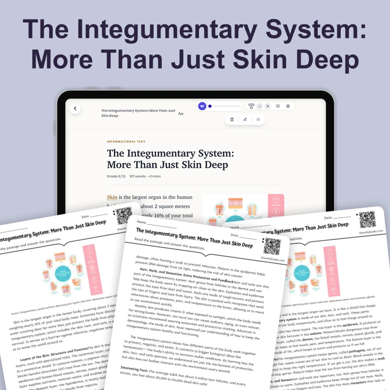 Integumentary System — science — reading comprehension for Grade 5, Grade 6, Grade 7, Grade 8, page 1 of 4