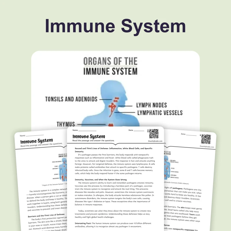 Immune System — science — reading comprehension for Grade 5, Grade 6, Grade 7, Grade 8, page 1 of 4