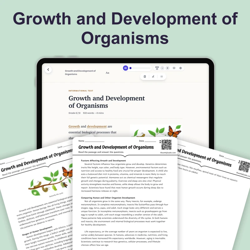 Growth and Development of Organisms — science — reading comprehension for Grade 5, Grade 6, Grade 7, Grade 8, page 1 of 4