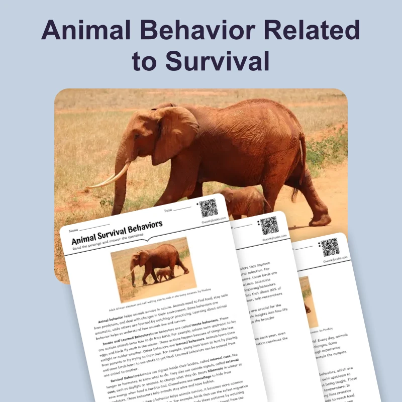 Animal Survival Behaviors — science — reading comprehension for Grade 5, Grade 6, Grade 7, Grade 8, page 1 of 4
