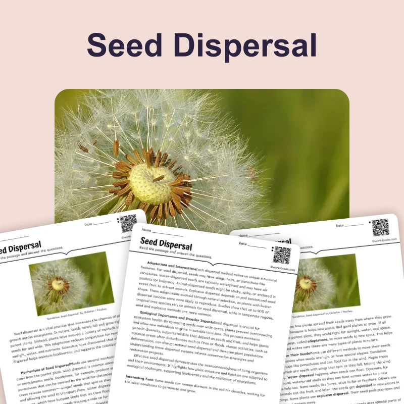 Seed Dispersal — science — reading comprehension for Grade 5, Grade 6, Grade 7, Grade 8, page 1 of 4