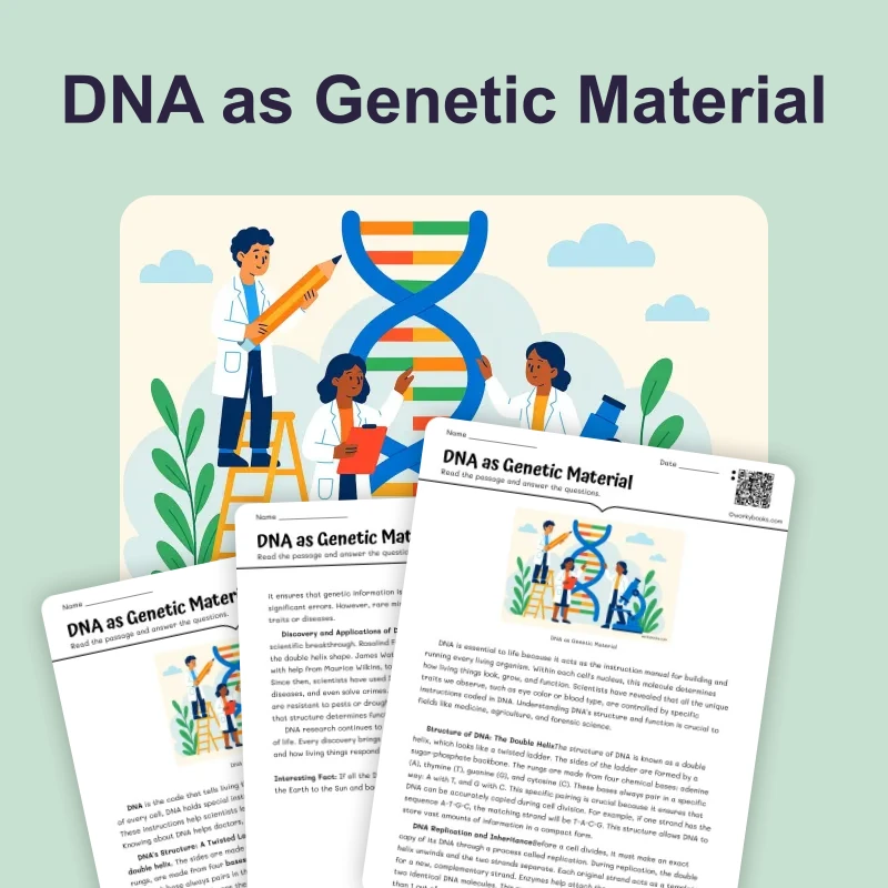 DNA as Genetic Material — science — reading comprehension for Grade 5, Grade 6, Grade 7, Grade 8, page 1 of 4