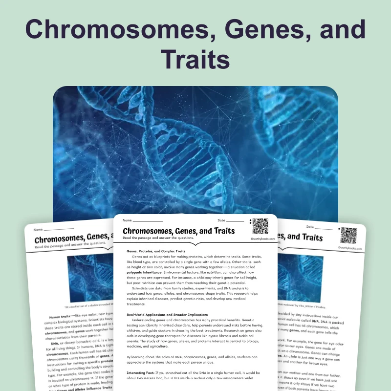 Chromosomes, Genes, and Traits — science — reading comprehension for Grade 5, Grade 6, Grade 7, Grade 8, page 1 of 4