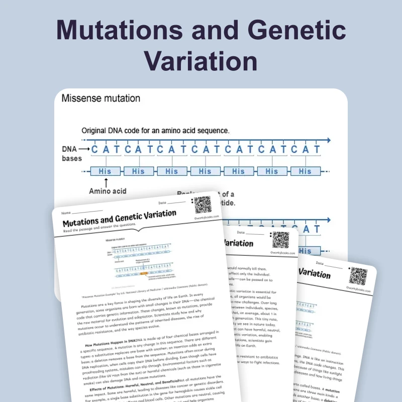 Mutations and Genetic Variation — science — reading comprehension for Grade 5, Grade 6, Grade 7, Grade 8, page 1 of 4