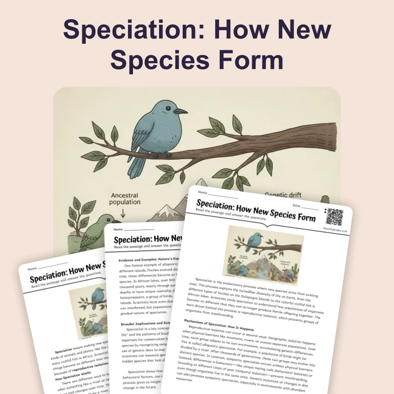 Speciation — science — reading comprehension for Grade 5, Grade 6, Grade 7, Grade 8, page 1 of 4
