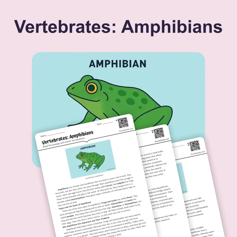 Vertebrates: Amphibians — science — reading comprehension for Grade 5, Grade 6, Grade 7, Grade 8, page 1 of 4