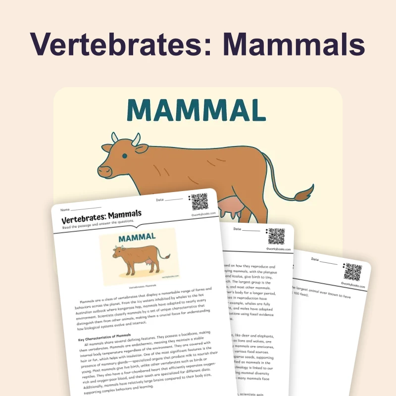 Vertebrates: Mammals — science — reading comprehension for Grade 5, Grade 6, Grade 7, Grade 8, page 1 of 4