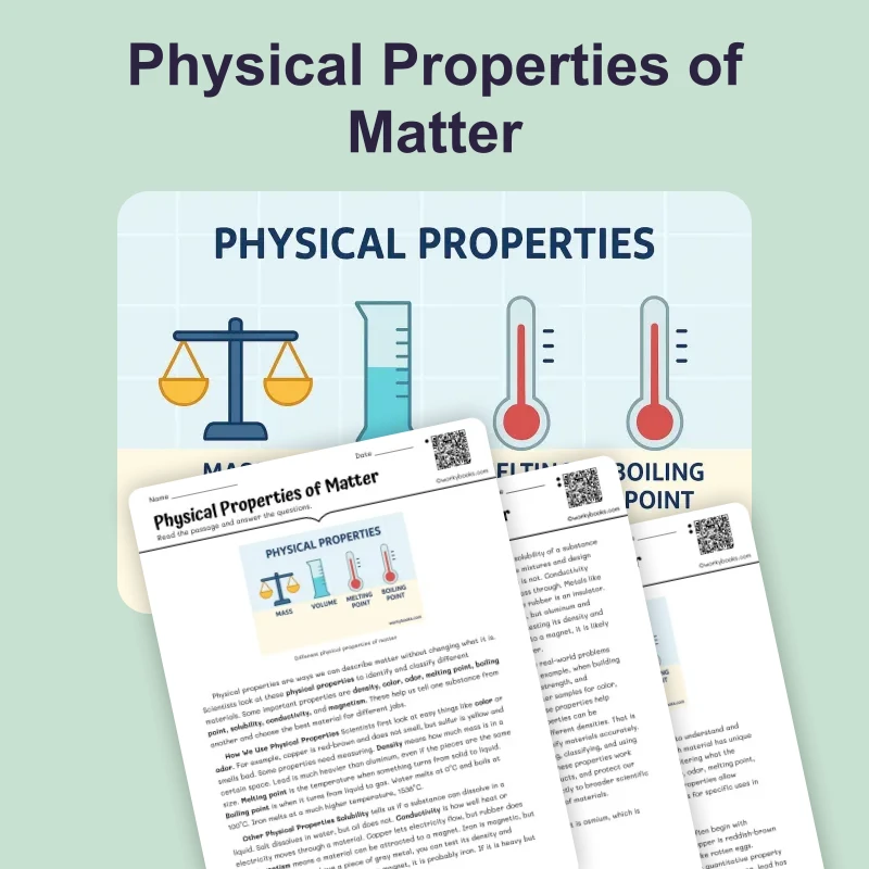 Physical Properties of Matter — science — reading comprehension for Grade 5, Grade 6, Grade 7, Grade 8, page 1 of 4