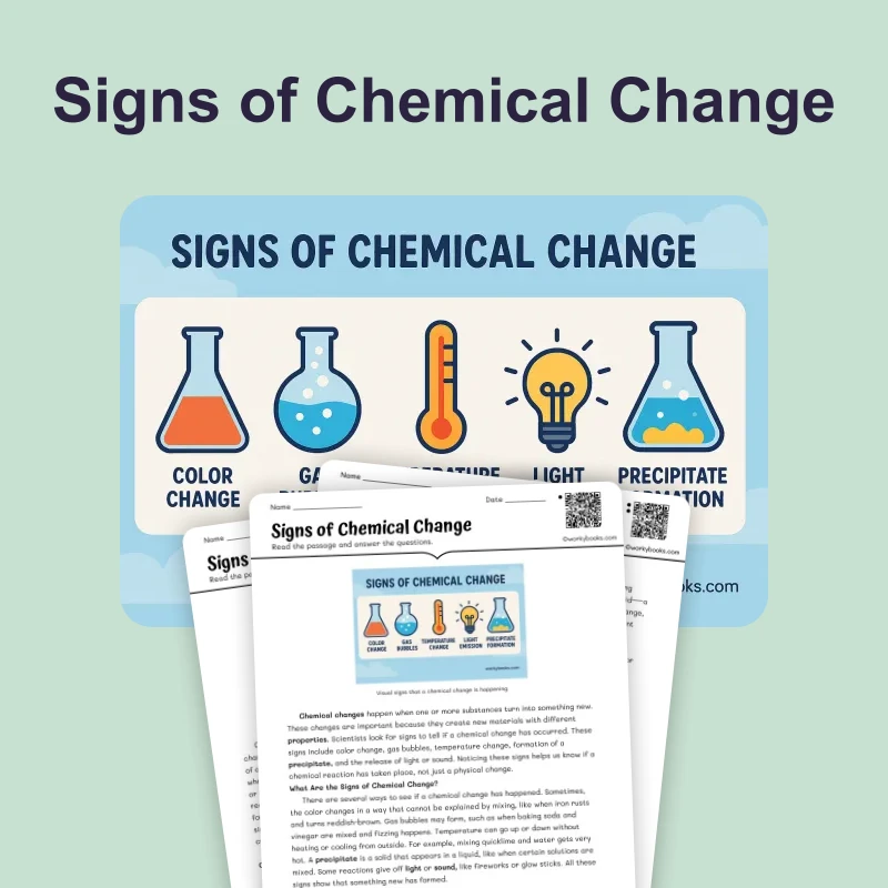 Signs of Chemical Change — science — reading comprehension for Grade 5, Grade 6, Grade 7, Grade 8, page 1 of 4
