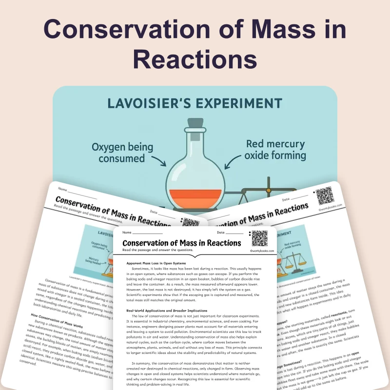Conservation of Mass in Reactions — science — reading comprehension for Grade 5, Grade 6, Grade 7, Grade 8, page 1 of 4