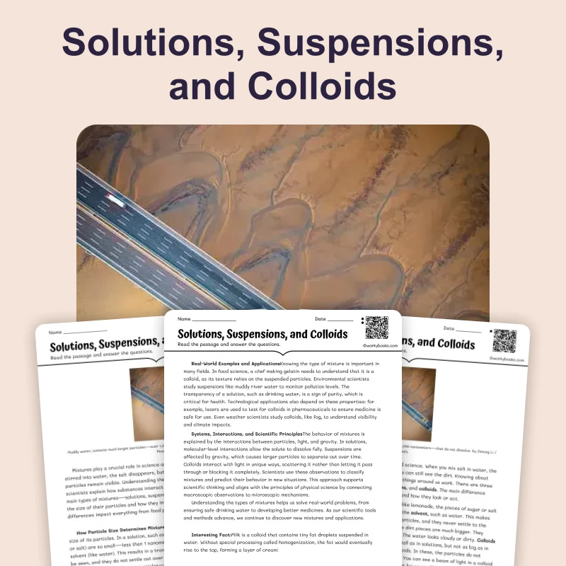 Solutions, Suspensions, and Colloids — science — reading comprehension for Grade 5, Grade 6, Grade 7, Grade 8, page 1 of 4