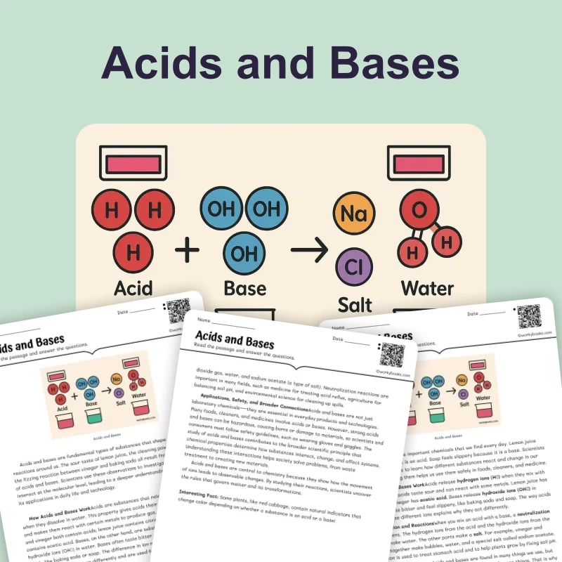 Acids and Bases — science — reading comprehension for Grade 5, Grade 6, Grade 7, Grade 8, page 1 of 4