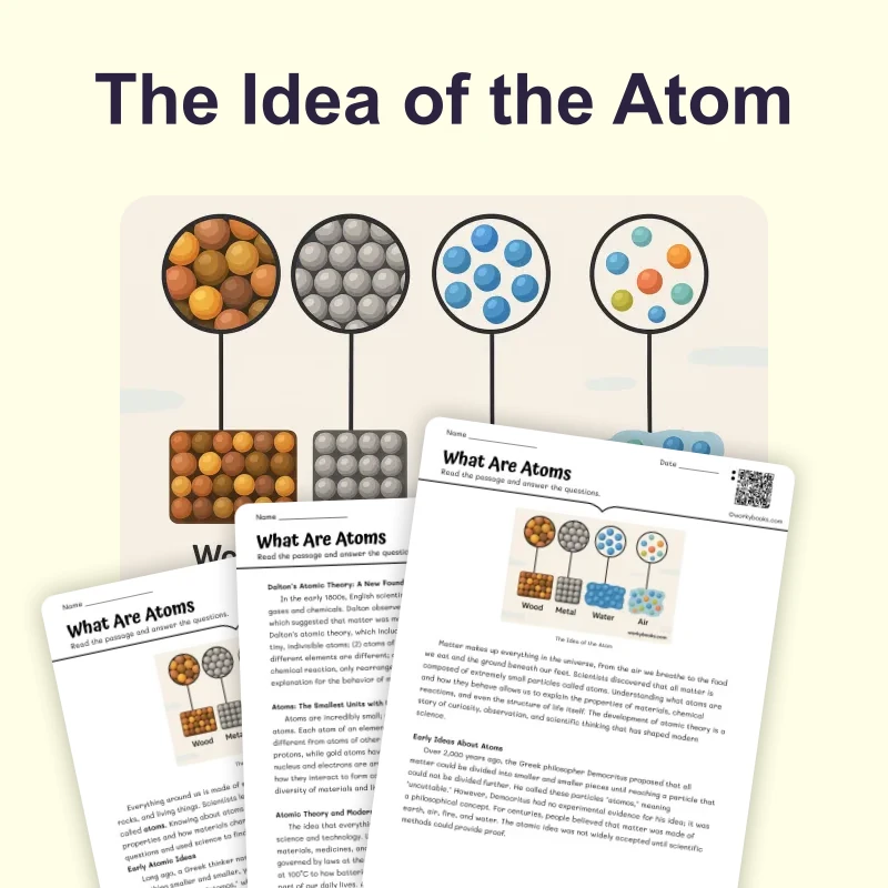 The Idea of the Atom — science — reading comprehension for Grade 5, Grade 6, Grade 7, Grade 8, page 1 of 4