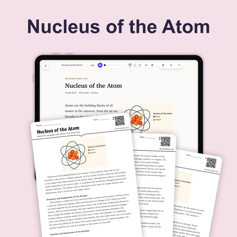 Nucleus of the Atom — science — reading comprehension for Grade 5, Grade 6, Grade 7, Grade 8, page 1 of 4