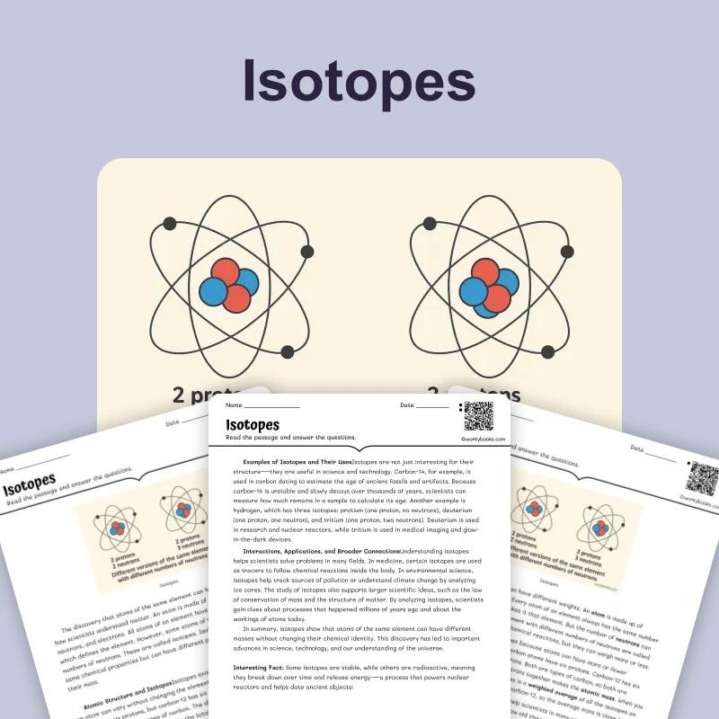 Isotopes — science — reading comprehension for Grade 5, Grade 6, Grade 7, Grade 8, page 1 of 4