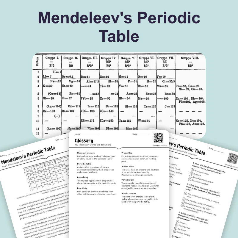 Mendeleev's Periodic Table — science — reading comprehension for Grade 5, Grade 6, Grade 7, Grade 8, page 1 of 4