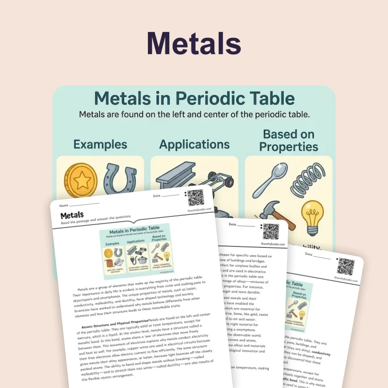 Metals in Periodic Table — science — reading comprehension for Grade 5, Grade 6, Grade 7, Grade 8, page 1 of 4