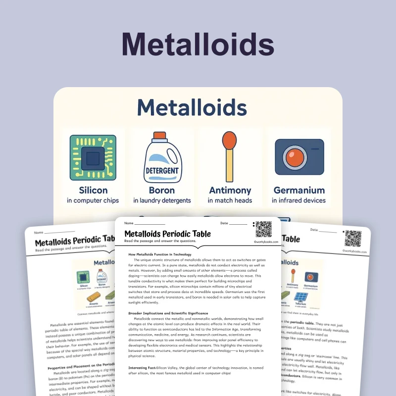 Metalloids — science — reading comprehension for Grade 5, Grade 6, Grade 7, Grade 8, page 1 of 4