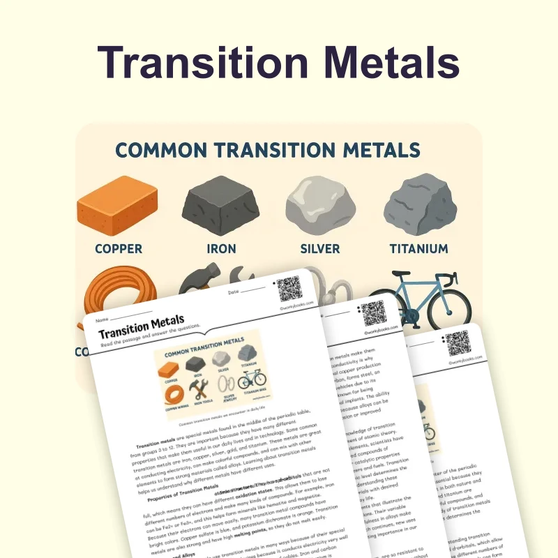 Transition Metals — science — reading comprehension for Grade 5, Grade 6, Grade 7, Grade 8, page 1 of 4