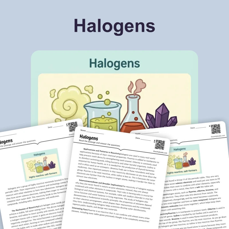 Halogens — science — reading comprehension for Grade 5, Grade 6, Grade 7, Grade 8, page 1 of 4