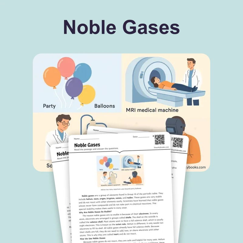 Noble Gases — science — reading comprehension for Grade 5, Grade 6, Grade 7, Grade 8, page 1 of 4