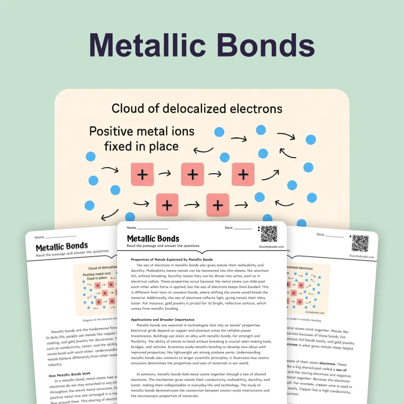 Metallic Bonds — science — reading comprehension for Grade 5, Grade 6, Grade 7, Grade 8, page 1 of 4