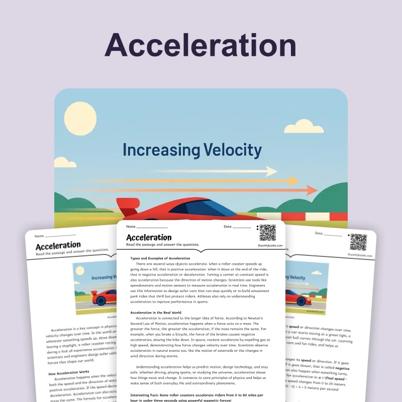 Acceleration — science — reading comprehension for Grade 5, Grade 6, Grade 7, Grade 8, page 1 of 4