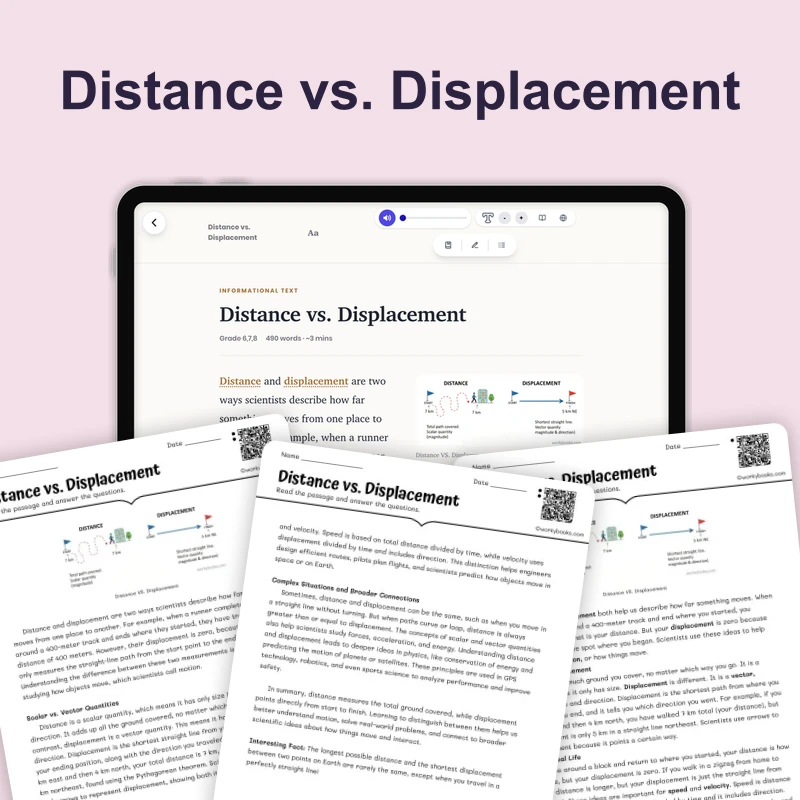 Distance vs. Displacement — science — reading comprehension for Grade 5, Grade 6, Grade 7, Grade 8, page 1 of 4