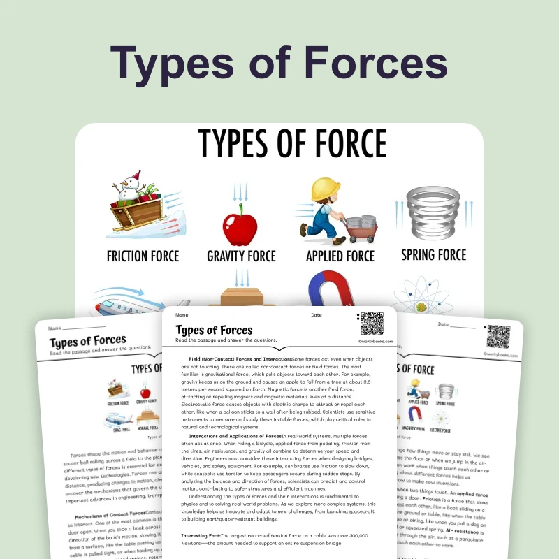 Types of Forces — science — reading comprehension for Grade 5, Grade 6, Grade 7, Grade 8, page 1 of 4