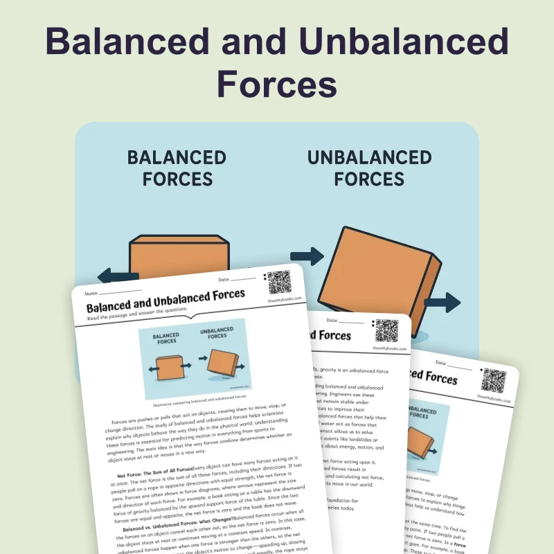 Balanced and Unbalanced Forces — science — reading comprehension for Grade 5, Grade 6, Grade 7, Grade 8, page 1 of 4