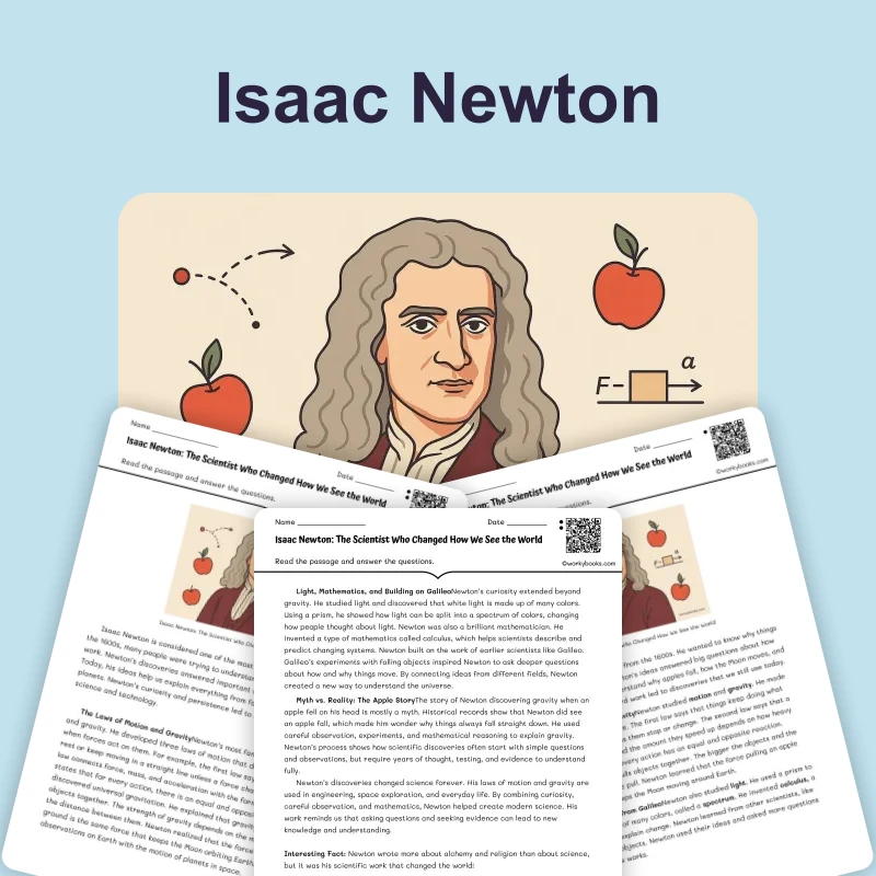 Isaac Newton — science — reading comprehension for Grade 5, Grade 6, Grade 7, Grade 8, page 1 of 4