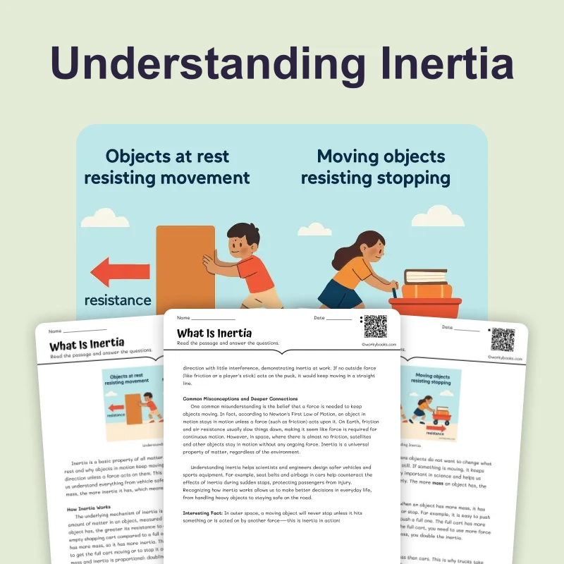 What Is Inertia — science — reading comprehension for Grade 5, Grade 6, Grade 7, Grade 8, page 1 of 4