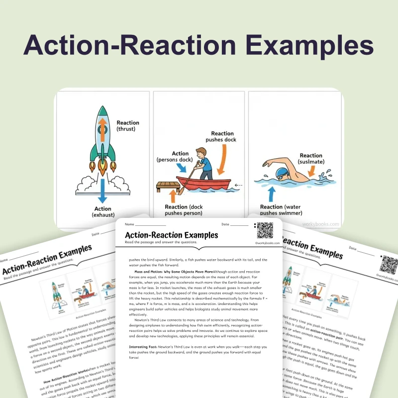 Action-Reaction Pairs — science — reading comprehension for Grade 5, Grade 6, Grade 7, Grade 8, page 1 of 4
