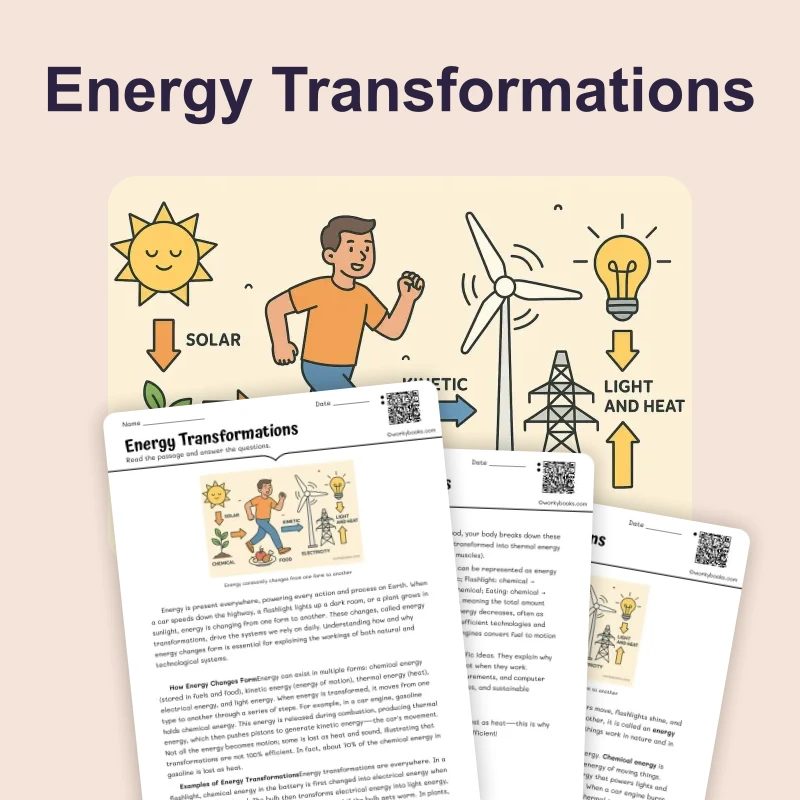 Energy Transformations — science — reading comprehension for Grade 5, Grade 6, Grade 7, Grade 8, page 1 of 4