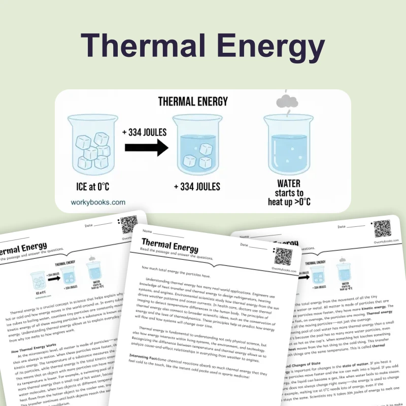 Thermal Energy — science — reading comprehension for Grade 5, Grade 6, Grade 7, Grade 8, page 1 of 4